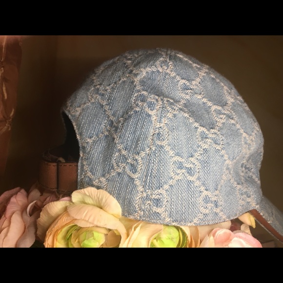 GUCCI Vintage Monogram RARE Chambray Denim Woman's Baseball Hat - Picture 5 of 11
